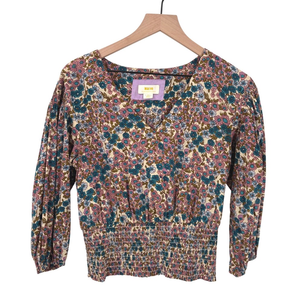 Maeve by Anthropologie Floral Smocked‎ Waist V-Neck Blouse XS